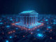 /invezz2 create an image showing modern bank building connected by glowing digital lines to a stylized blockchain network. Include Chainlink and Swift logos